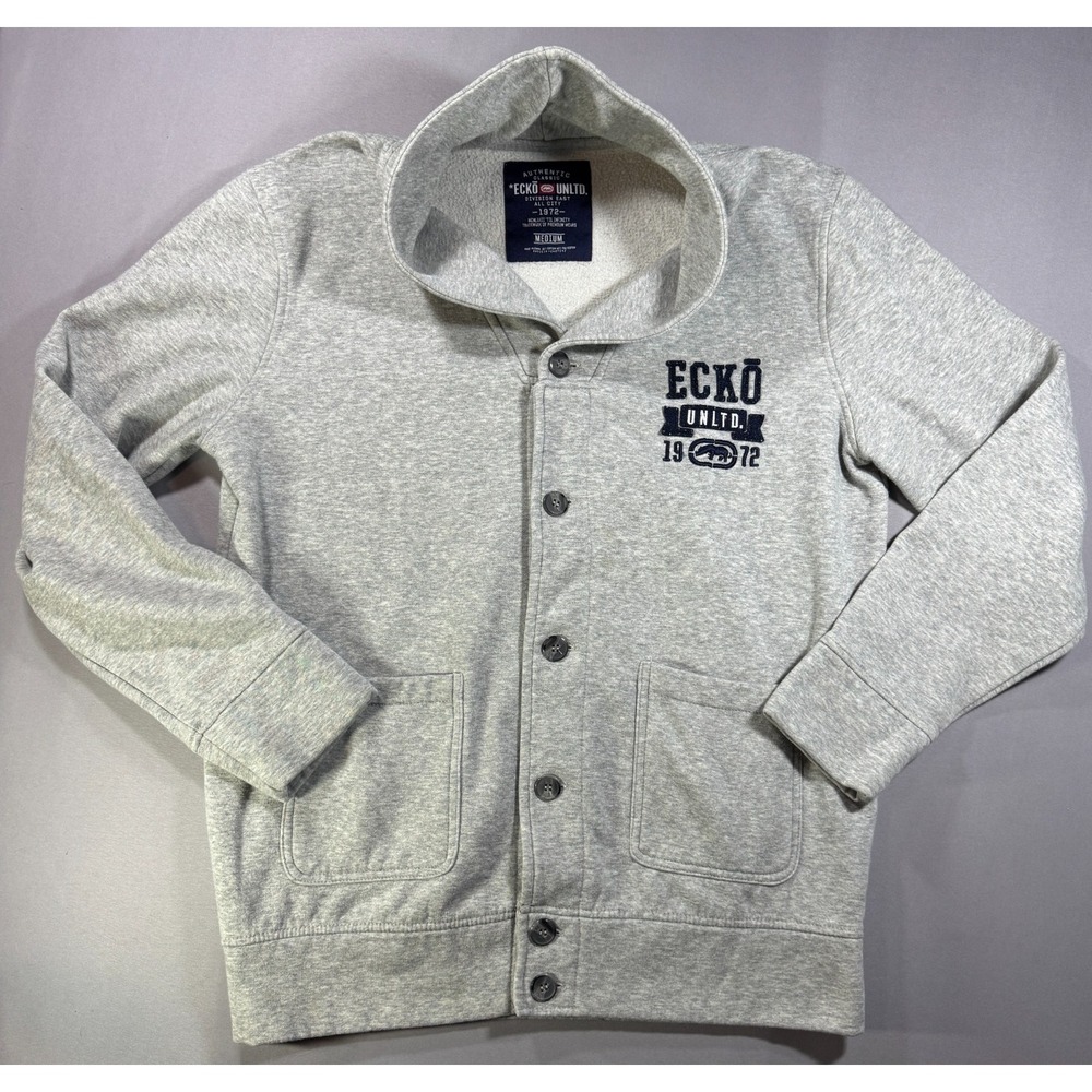 Ecko Unltd Mens Medium Gray Button Front Shawl Collar Cardigan Sweatshirt Fleece